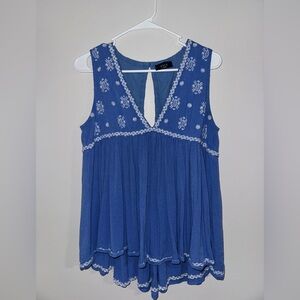 VICI Doll Blue Embroidered Boho Babydoll Tank Top - Size Large